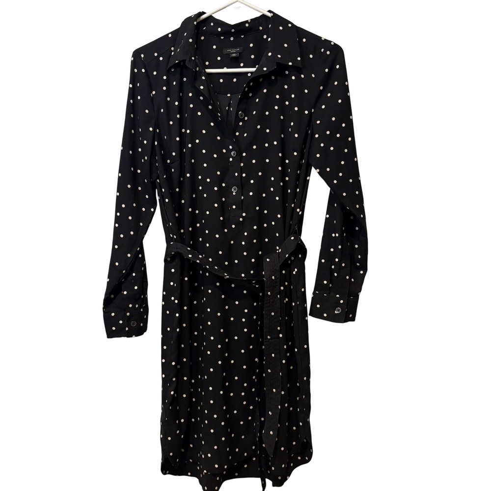 Ann Taylor Petite Black Polka Dot Long Sleeve Shirt Dress‎ Belted MP Travel